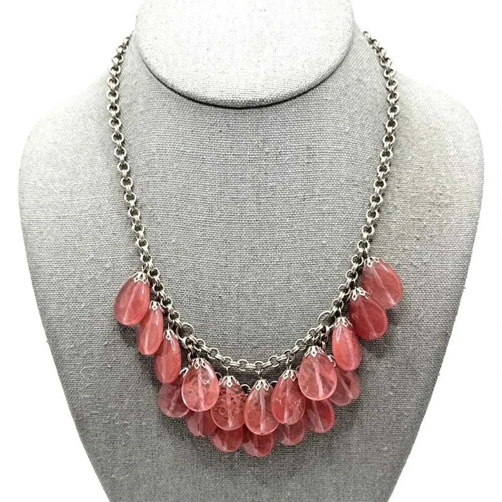Rose Quartz Bib Necklace Double Strand Teardrop Dangle Stone Bead Statement 18